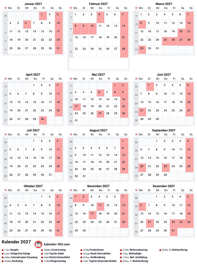 Kalender 2027 Hochformat